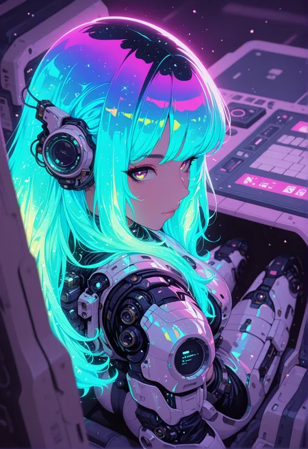 <lora:ck-shadow-circuit-IL:0.78>,
masterpiece, best quality, good quality, very aesthetic, absurdres, newest, 8K, depth of field, focused subject,
dynamic angle, from above, almost side view, wabi sabi, 1girl, holographic, holofoil glitter, faint, glowing, ethereal, neon hair, glowing hair, long hair, looking at viewer, relaxing, sci-fi
<lora:MoriiMee_Gothic_Niji_Style_Illustrious_r1:0.45>
<lora:ck-nc-cyberpunk-IL-000011:0.4>
<lora:ck-neon-retrowave-IL:0.8>