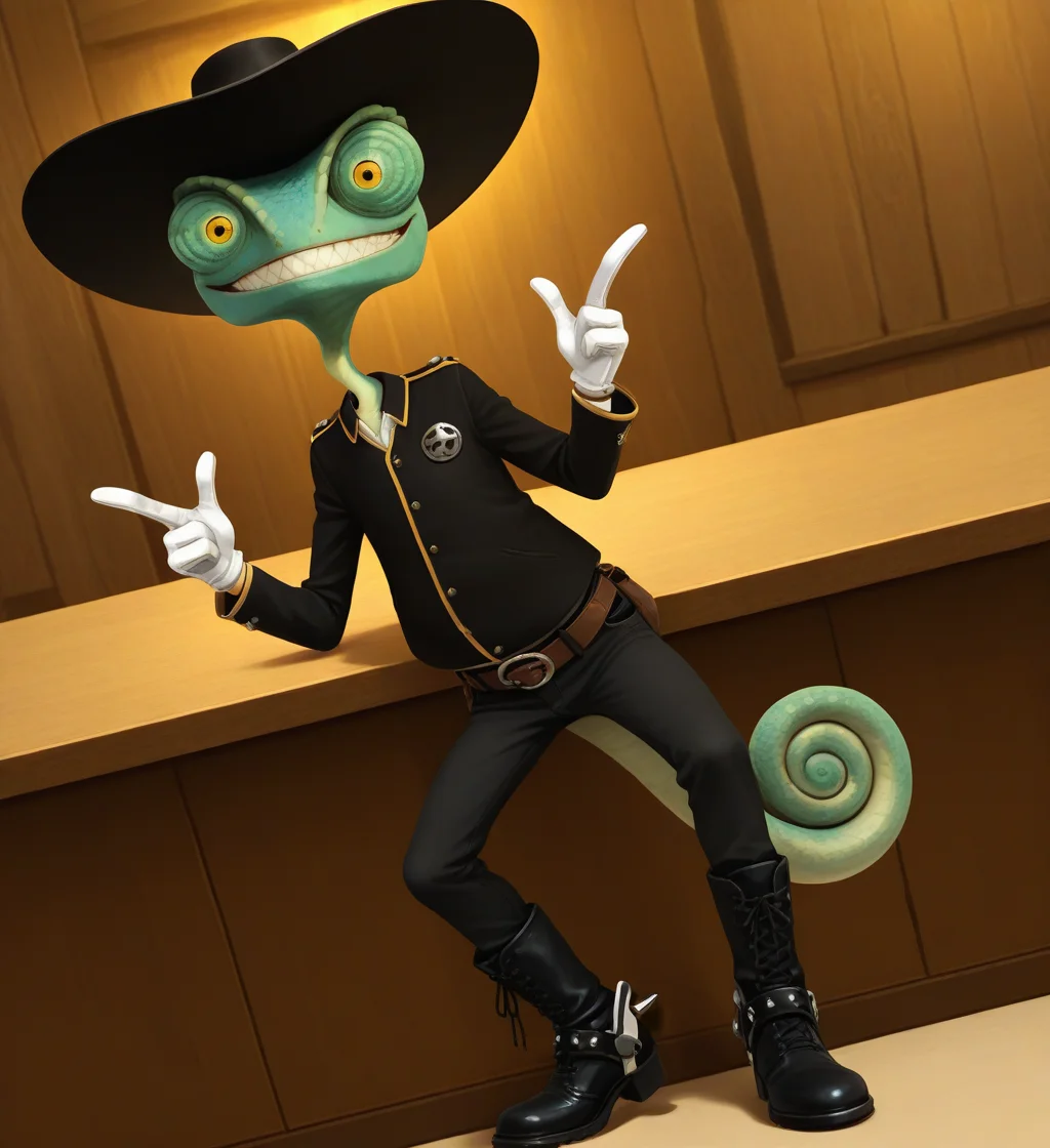 high resolution, best quality, 4k, flat colors, solo, male, full body, dutch angle, front view, leaning against bar counter, double finger guns, saloon background, <lora:Rango_-_Rango_IL:0.95> r4ng0, chameleon, green skin, bulbous eyes, scalie, yellow eyes, long neck, crooked neck, bald, tail, curled tail, black sombrero, black clothes, black boots, spurs, black pants, sheriff badge, white gloves, 4 fingers, teeth, toothy grin, looking at viewer
