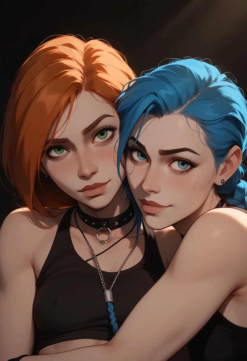 score_10, score_9, score_8, score_7, score_8_up, dark background, god rays, ((2girls)), multiple girls, jinx, (jinx, blue eyes, blue hair), (1petite, Kim Possible, green eyes), Expressiveh, redhead, small neck, blushing, (long hair, midriff, navel), medium hair, jewelry, piercings, lip piercing, leash, (close up view), (((looking at viewer))), ((lustful look)), (heavy breathing, visible motion lines, visible breath)), (looking at viewer lustfully, slight smile, ((hugging each other while looking at viewer)), (((up close view))), ((focus on faces)), (((front view))),