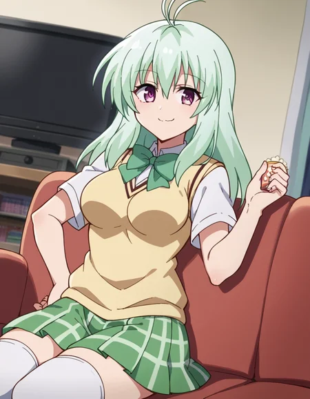 score_9, score_8_up, score_7_up, source_anime, <lora:run-elsie-jewelria-darkness-ponyxl-lora-nochekaiser:1>, run elsie jewelria, long hair, purple eyes, green hair, antenna hair, ahoge, hair between eyes, medium breasts, green skirt, plaid, plaid skirt, sainan high school uniform, school uniform, skirt, sweater vest, thighhighs, yellow sweater, short sleeves, bow, green bow,, living room, television, couch, popcorn, watching movie, night time, sitting, , smug, hand on own hip,, looking at viewer, solo,, dutch angle, cowboy shot