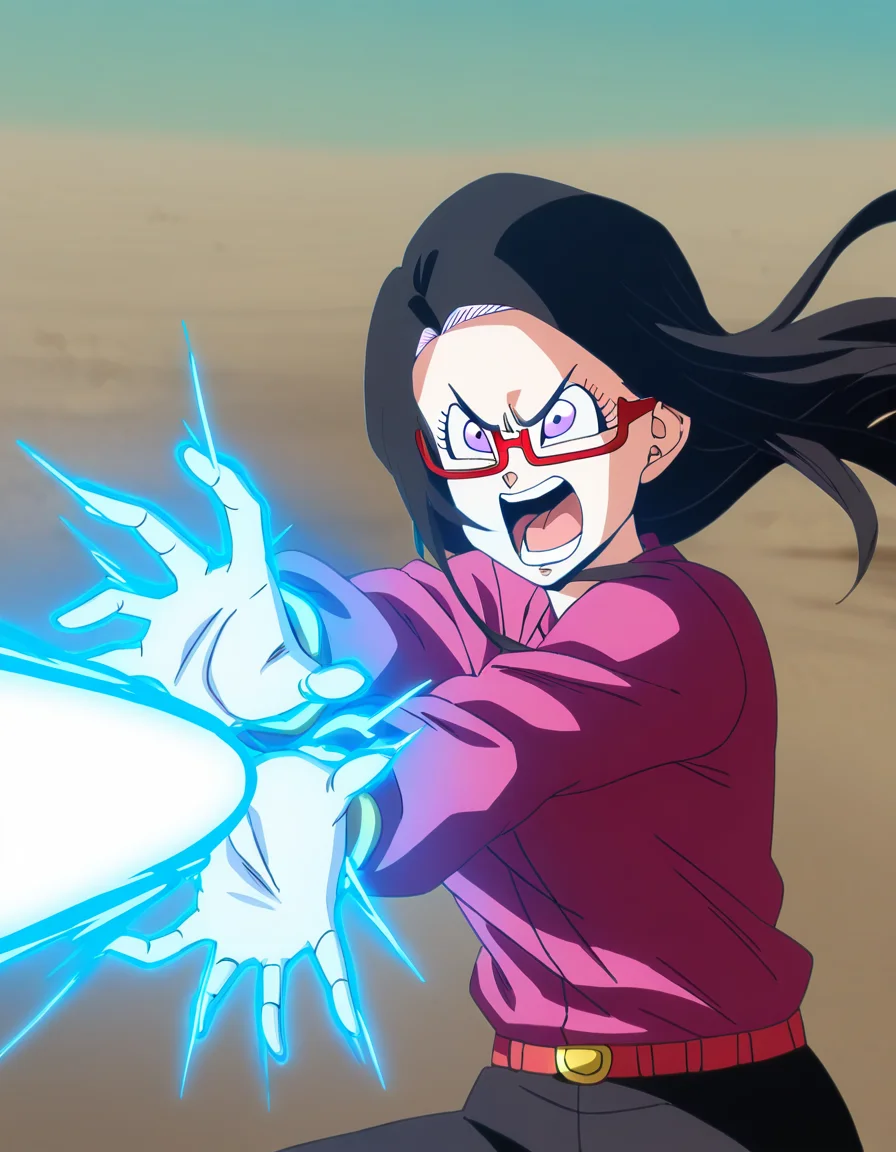 masterpiece, best quality, newest, absurdres, highres, safe,, <lora:sakie-satou-s1-ponyxl-lora-nochekaiser:1>, sakie satou, long hair, black hair, purple eyes, glasses, semi-rimless eyewear, red-framed eyewear, under-rim eyewear, large breasts, <lora:kamehameha-illustriousxl-lora-nochekaiser:1>, kamehameha, kamehameha (dragon ball), open mouth, outstrecthed arms, torn clothes, shouting, from side,, outdoors, wasteland,,