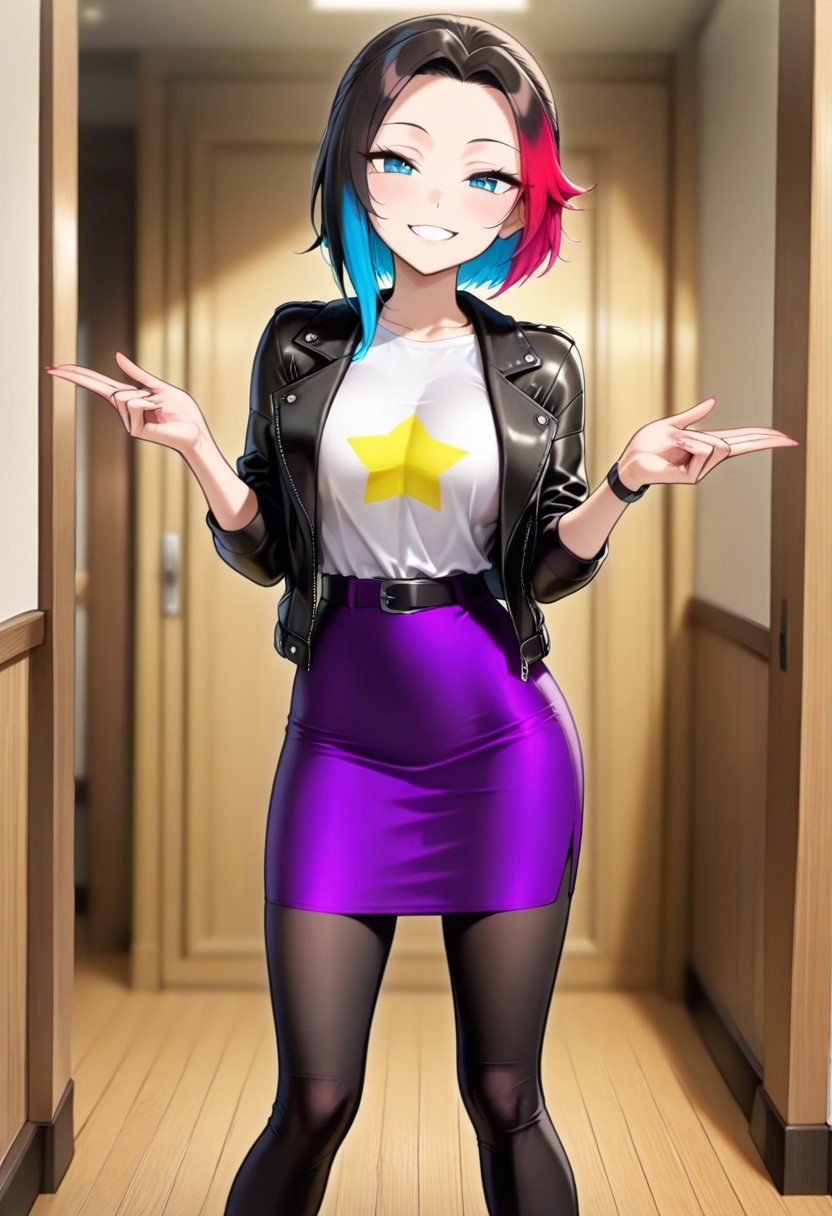 masterpiece, good quality, best quality, dynamic view, original style, screencap, TDPstyle
Claudia, blue eyes, black hair, multicolored hair, black leather jacket, white shirt, star shirt, purple skirt, black leggings, medium breast,
(solo, seducing, sexy pose, dynamic pose, looking at viewer, aroused,)