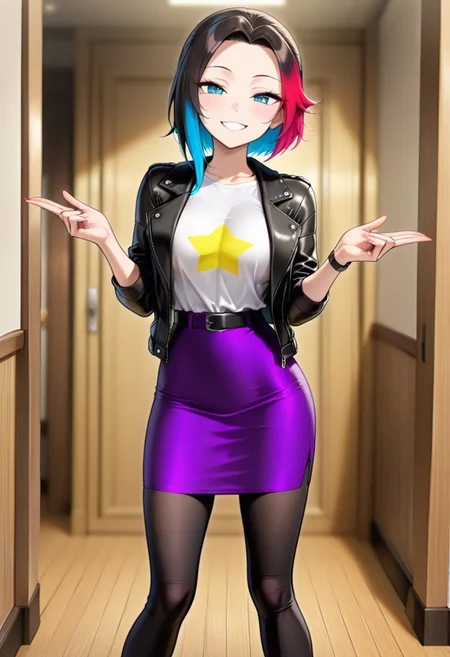 masterpiece, good quality, best quality, dynamic view, original style, screencap, TDPstyle
Claudia, blue eyes, black hair, multicolored hair, black leather jacket, white shirt, star shirt, purple skirt, black leggings, medium breast,
(solo, seducing, sexy pose, dynamic pose, looking at viewer, aroused,)