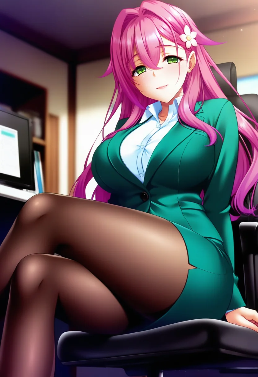 masterpiece, best quality, amazing quality,yoshino kawamura, green eyes, pink hair, long hair, mature female, hair flower, 1girl, solo, breasts, large breasts, pencil skirt,white shirt,brown pantyhose, dark green jacket, dark green skirt,closed mouth, light smile, sitting, crossed legs, looking at viewer, blurry background, indoors, office <lora:yoshino kawamuraV1:0.9>