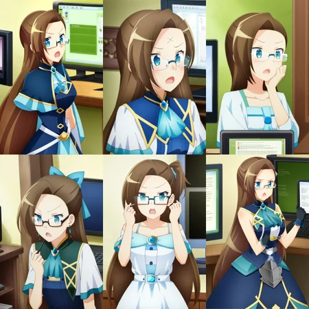 <lora:bakarina04-000020:1>1girl, mustache,  surprised, looked at pc, monitor, glasses, smart, clever, chibi, katarina dress