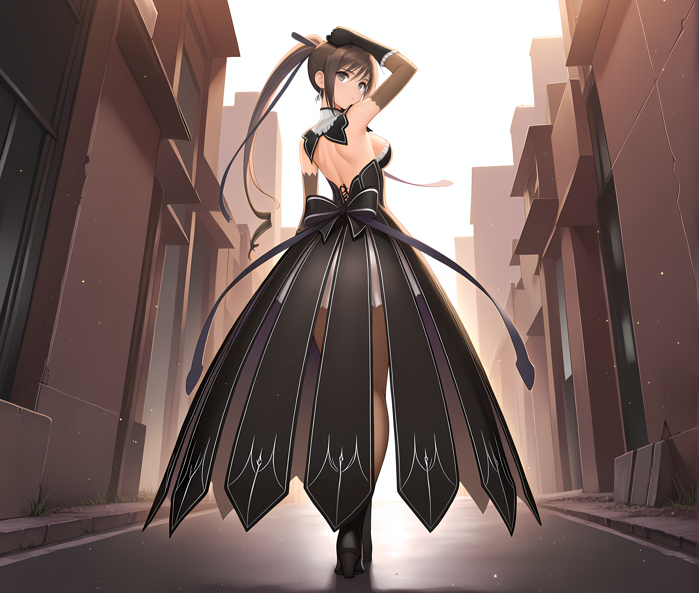 <lora:Maxima:1>,maxima,solo,brown hair,long hair,breasts,brown eyes,ponytail,hair ribbon,medium breasts,full body,base outfit,aroused,outdoors,from behind,arm up,, masterpiece,best quality,amazing quality, very aesthetic, absurdres,detailed eyes,ultra-detailed,