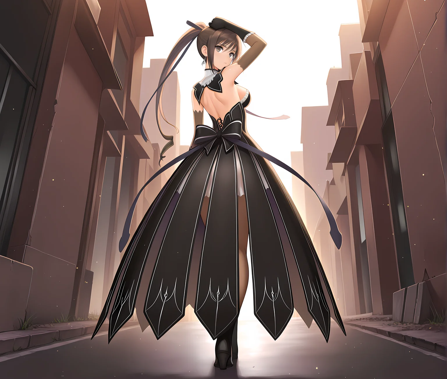 <lora:Maxima:1>,maxima,solo,brown hair,long hair,breasts,brown eyes,ponytail,hair ribbon,medium breasts,full body,base outfit,aroused,outdoors,from behind,arm up,, masterpiece,best quality,amazing quality, very aesthetic, absurdres,detailed eyes,ultra-detailed,