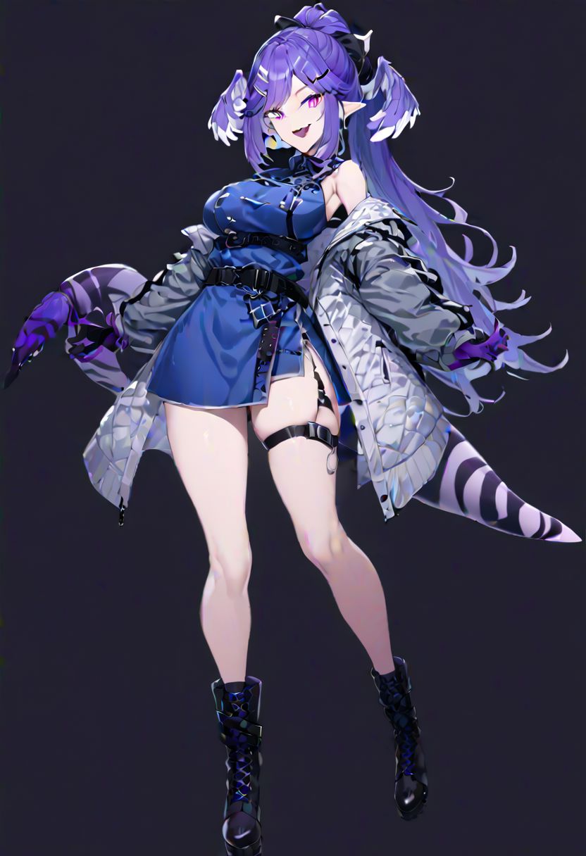masterpiece, best quality, ultra-detailed, beautiful, nai3, 1girl, solo, full_body, tachi-e, 
selen tatsuki, boots, dress, tail, dragon tail, hat, blue dress, official alternate costume, dragon girl, sleeveless, ponytail, belt, smile, gloves, long hair, breasts, open mouth, very long hair, thigh strap, simple background, hair ornament, jacket, bangs, hairclip, fang, wings, black footwear, looking at viewer, black belt, pointy ears,