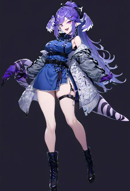 masterpiece, best quality, ultra-detailed, beautiful, nai3, 1girl, solo, full_body, tachi-e,
selen tatsuki, boots, dress, tail, dragon tail, hat, blue dress, official alternate costume, dragon girl, sleeveless, ponytail, belt, smile, gloves, long hair, breasts, open mouth, very long hair, thigh strap, simple background, hair ornament, jacket, bangs, hairclip, fang, wings, black footwear, looking at viewer, black belt, pointy ears,