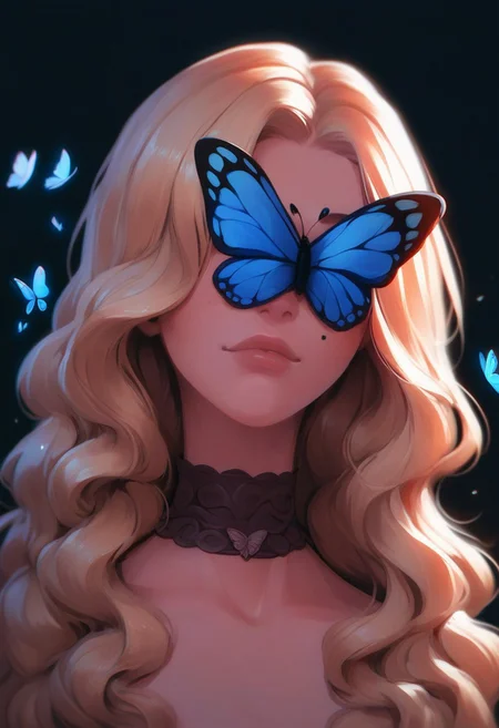score_9, score_8_up, score_7_up, score_6_up, PRSNL_3_1, 1girl, long hair, bug, butterfly, choker, wavy hair, butterfly on face, facing viewer, covered eyes, upper body, dark theme, blonde hair