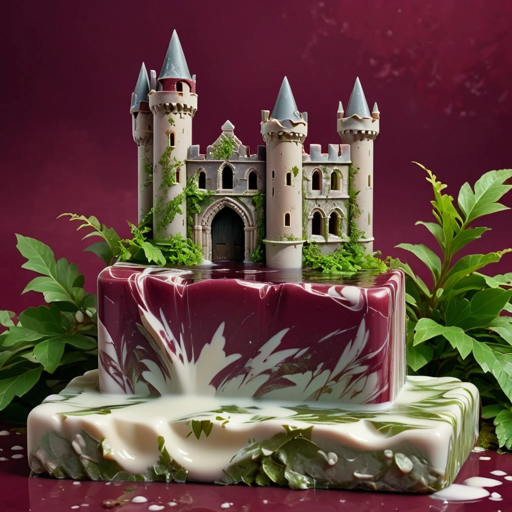 (soap showcase) <lora:57_soap_showcase:1.1>
Maroon background,
high quality, professional, highres, amazing, dramatic,
(Crumbling castle ruins and overgrown foliage:0.5),