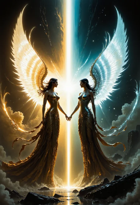 cinematic photo . art by Ben Templesmith and Krenz Cushart, Two angels stand facing each other in a dramatic standoff, their hands both gripping the same glowing, radiant sword. The blade burns with a brilliant light, casting intense reflections on their ethereal wings. One angel, bathed in a soft, golden glow, represents serenity and purity, while the other, surrounded by a cool, silver aura, exudes a sense of resolve and inner strength. The air between them crackles with divine energy, as if the sword itself holds the balance of their conflict. The background fades into a heavenly haze, emphasizing the intensity of their connection through the sword. <lora:ancient.safetensors:1.0>, <lora:artisketchyfs-v02.safetensors:0.75>, <lora:artilands.safetensors:0.75>, <lora:m100-style_v.02.safetensors:0.5>, . 35mm photograph, film, bokeh, professional, 4k, highly detailed