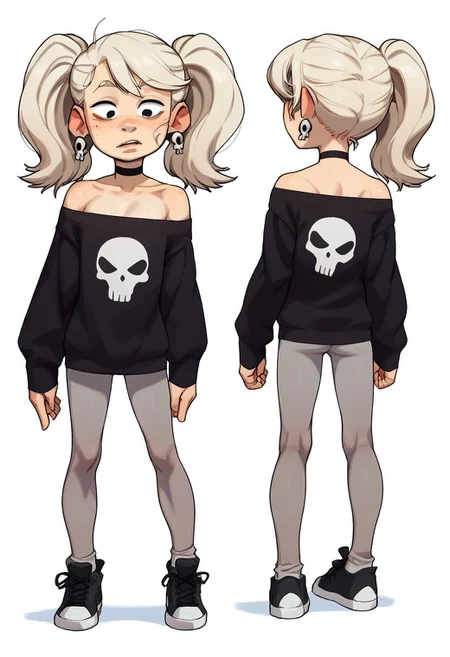 score_9, score_8_up, score_7_up, score_6_up, score_5_up, score_4_up, conceptart,multiple views,white background,simple background,<lora:concept:1>,
1girl, solo,platinum blonde hair, twintails, red freckles, black eyes,skull earrings, black choker, black ghost print sweatshirt, off shoulder sweatshirt, gray pantyhose, black sneakers,
<lora:princess_xl_v1:0.7>, <lora:Expressive_H:0.6>, <lora:incase-ilff-v3-4:0.5>, <lora:MysticalPlantPenetratorPDXL:0.5>, <lora:Twintails_Marra_v1:>