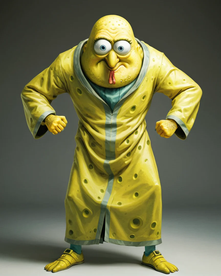 concept art, Grotesque ShÅwa Era SpongeBob SquarePants, Battle pose, Thriftcore, <lora:AJLABIY:1> jlby-xl, wearing djellaba
