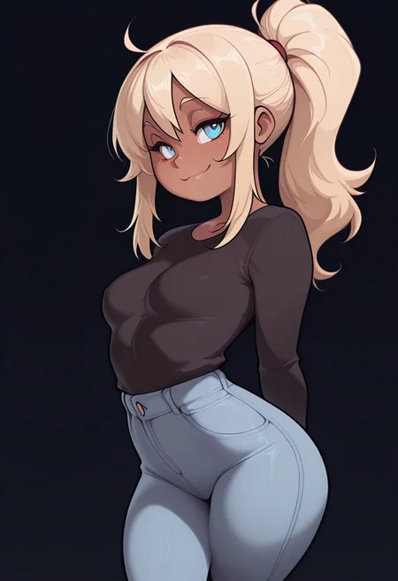 masterpiece, best quality, newest, absurdres, highres, ppka, 1girl,  slender female, blonde hair, sidelocks, blue eyes, seductive smile, looking at viewer, black background,, white blonde hair, thick thighs, thigh gap, ,black shirt , thigh gap,  ((tiny waist, small breasts, firm breasts,petite ,,  ))(torogao) , vivid high contrast colors, , , aijalon, dark skin, , Portrait, 1girl, jeans, shortstack, from side