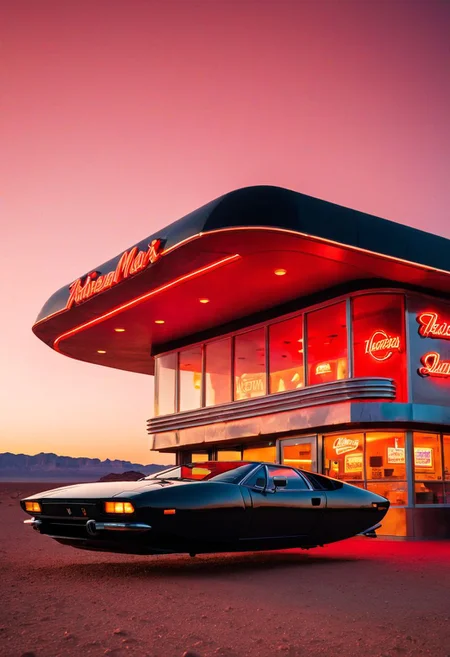 (low angle shot:1.4), an editorial photo of a black Lamborghini style Hovering_Car parked outside an American diner on Mars, (scene set on the planet Mars:1.2), red sky, red sands of Mars, highly detailed, retro futurism, science fiction, clean lines, fine art photography, award winning photography, film grain,