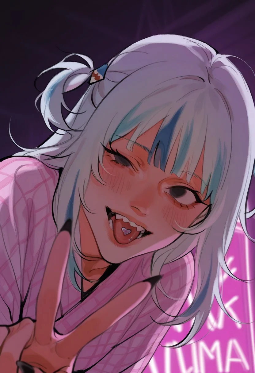 best quality, detailed face, detailed eyes, , solo,
by kp
sketchy realistic detailed artwork, (by pikuson, by mizumi zumi:1.3), (by narue:1.2), (by tatsumi \(psmhbpiuczn\):1.2), dutch angle, blurry background,
linear hatching, hatching \(texture\), (brushstrokes \(texture\):1.25),
profile, from side, 1girl, gawr gura, blue hair, kimono, leaning forward, yandere, dark background, night, neon lights, red theme, pink theme, violet theme, purple theme, close-up face, gyaru, gyaru v, perspective, sharp teeth, blush, black eyes, empty eyes, head tilt, one eye half-closed, black nails, sharp fingernails, tongue out, tongue piercing,
highres,
<lora:nhl-003-wai-15-old:0.8> nhl-003
<lora:nhl-002-nai:0.8> nhl-002,
<lora:nhl-001-20:0.6> nhl-001,