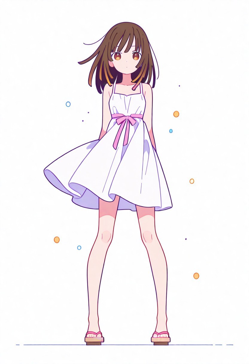 Flatline, Flat vector illustration, looking at viewer, full_body, 
nadeko, long hair, long bangs, brown hair, white dress, sundress, ribbon, bare shoulders,
slim, slender, knees, long legs, beautiful legs, barefoot, geta wooden sandals, 
from front, front view, straight-on, look at viewer, standing, (legs apart:1.4), 
white background,
