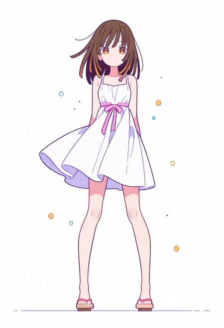 Flatline, Flat vector illustration, looking at viewer, full_body,
nadeko, long hair, long bangs, brown hair, white dress, sundress, ribbon, bare shoulders,
slim, slender, knees, long legs, beautiful legs, barefoot, geta wooden sandals,
from front, front view, straight-on, look at viewer, standing, (legs apart:1.4),
white background,
