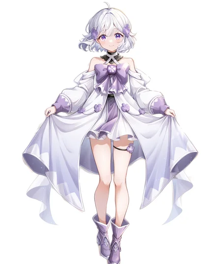 intricately detailed illustration, shiny skin, masterpiece, best quality, amazing quality, very aesthetic, newest, scenery, (volumetric lighting:1.1), full color, clear line, <lora:arte_v1:0.8>, arte, purple eyes, white hair, short hair, hair ornament, purple clover ornament, black choker, white dress, bare shoulders, purple ribbon, purple clover decoration, thigh straps, purple boots, smile, full body, simple background, <lora:cfg_scale_boost:0.7>