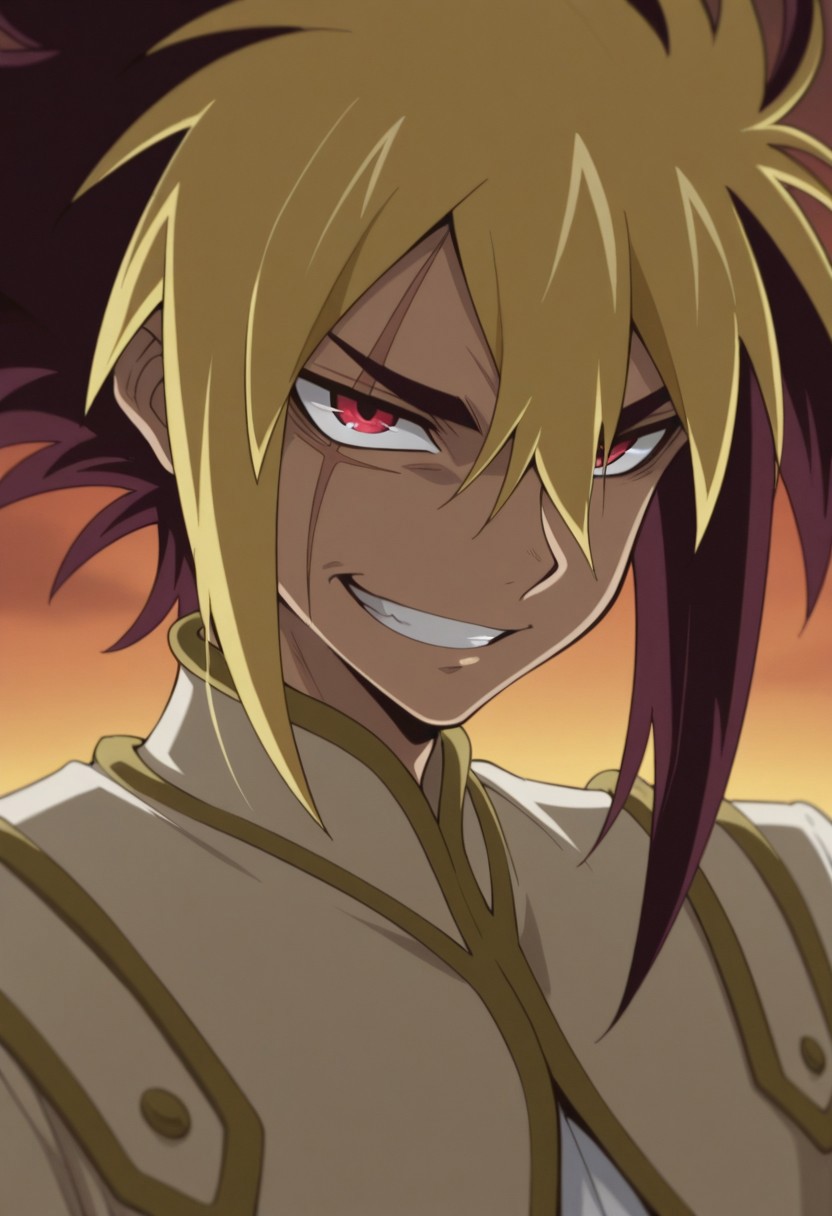 masterpiece,best quality,amazing quality, source_anime, 
Thomrclight, 1boy, male focus, solo, red eyes, scar across eye, multicolored hair, brown hair, blonde hair, shirt, white shirt, coat, brown coat, short over long sleeves, portrait, grin,