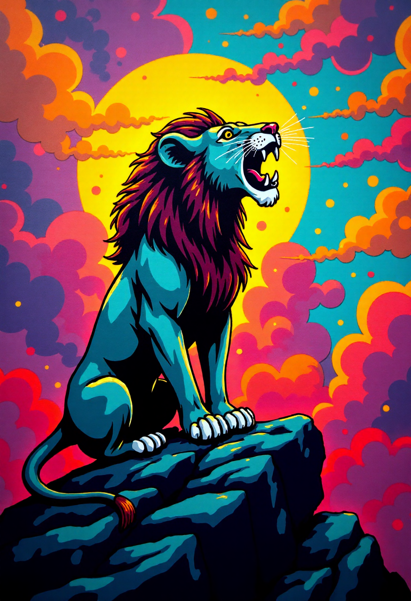 <lora:Graffiti_Characters2_FLUX-000011 (1):0.9>
This is a vibrant, stylized digital drawing set against a dramatic, abstract background, of a  Simba roaring on pride rock