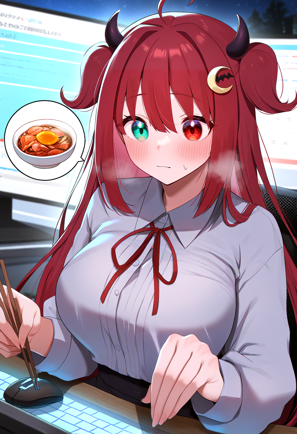 very awa, masterpiece, best quality, year 2024, newest, highres, absurdres, <lora:age_slider_v4:3> <lora:thicc_v1.4-pony:1.2>,detailed_background,outdoors,crescent,very long hair,collared shirt,solo,spoken food,ahoge,demon horns,closed mouth,absurdres,dress shirt,ninahachi,1girl,shirt,hair between eyes,steam,yuzuki roa,red eyes,heterochromia,two side up,blush,upper body,long hair,crescent hair ornament,horns,highres,red hair,bowl,food,computer mouse,hair ornament,virtual youtuber,chopsticks,nijisanji,green eyes