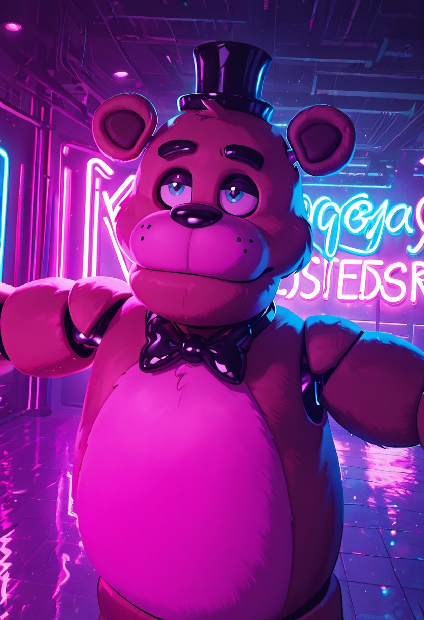 masterpiece, best quality, amazing quality, very aesthetic, absurdres, newest, detailed background,
cartoon, screencap, 
freddyit, 1boy, black mini top hat, black bowtie, bear ears, joints,  animatronic,
inside mega plex, neon lights, mega plex, upper body, spread arms, motion, closed mouth, dynamic pose, dynamic angle, pink neon lights, green neon sign, reflection,