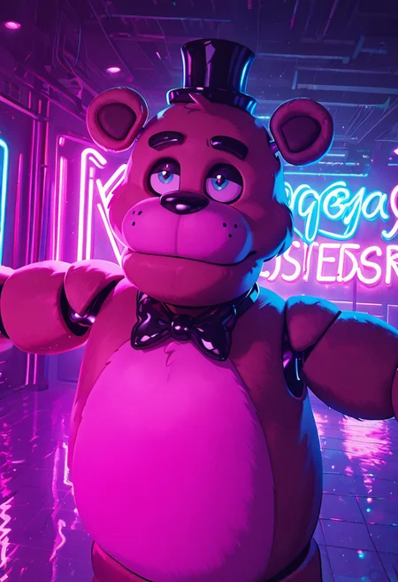masterpiece, best quality, amazing quality, very aesthetic, absurdres, newest, detailed background,
cartoon, screencap,
freddyit, 1boy, black mini top hat, black bowtie, bear ears, joints, animatronic,
inside mega plex, neon lights, mega plex, upper body, spread arms, motion, closed mouth, dynamic pose, dynamic angle, pink neon lights, green neon sign, reflection,
