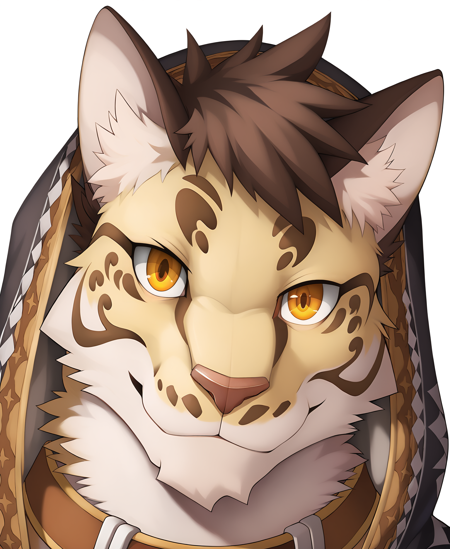 <lora:add-detail-xl:1>, detailed, detailed eyes, detailed fur, male, solo, <lora:LikulauXL:1>, likulau, portrait, looking at viewer, hood, smile, collar,