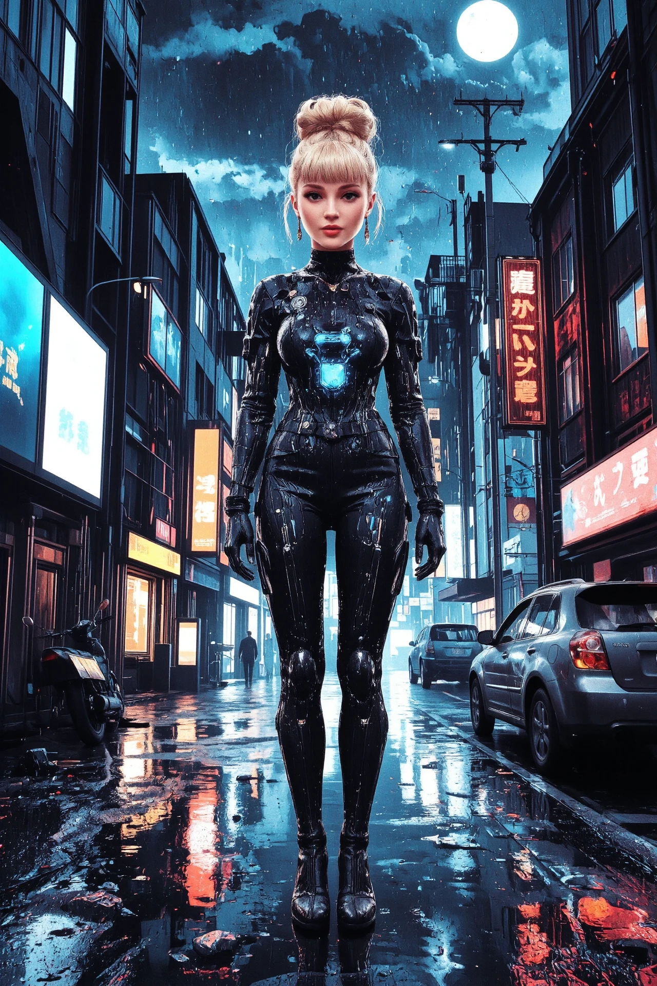 updo hairstyle light blonde hair young cyberpunk woman, anime, illustration, cyberpunk, futuristic, extremely detailed, portrait, standing, happy smile, beautiful cyberpunk tokyo buildings landscape, wet floor, windows, car, motorbike, moon in the sky, bright neon lights, screen holograms, kanjis, raytracing, hdr, high contrast, cinematic lights, backlight, reflections, legs, heels, sharp focus, luminous Blue Screen of Death robot glossy brilliant armor, body lights, body circuits, glossy lipstick, necklace, bar earrings, colorful, retrowave, shadows, vibrant colors, colorful, bright, pretty, beautiful, feminine, sexy, lovely, in love, adorable, fashion, <lora:Hand v2:1> <lora:Anti-Blur:2> <lora:Insane Detail Slider:0.5>  <lora:flux.1_lora_flyway_Epic-detail_v2:0.3><lora:fluxenhancer:0.5> <lora:RetroAnimeFluxV1:0.3> <lora:CPA:0.6> <lora:Luminous_Shadowscape:0.3>  <lora:Neon_Noir_FLUX:0.4> mad-neon-noir  <lora:bv-cybstyenh-v1_rank16_bf16:0.3>