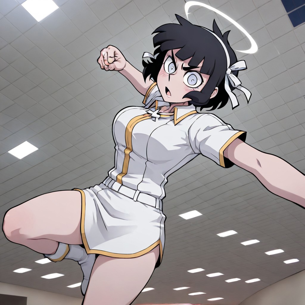 masterpiece, best quality, newest, absurdres, highres, 
MPPV1.0, incoming attack, incoming punch, midair, 
1girl, azazel (helltaker), short hair, black hair, halo, white shirt,