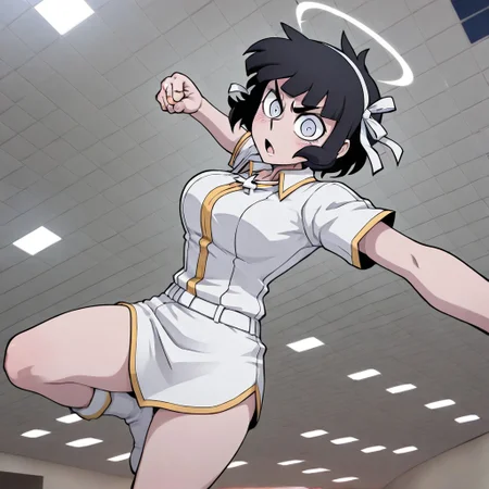 masterpiece, best quality, newest, absurdres, highres,
MPPV1.0, incoming attack, incoming punch, midair,
1girl, azazel (helltaker), short hair, black hair, halo, white shirt,