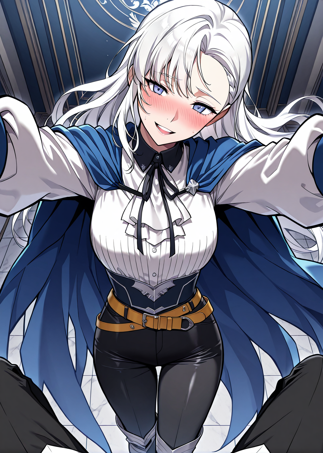 <lora:Artemis__The_Return_of_the_Disaster-Class_Hero__Illustrious:1>
1 girl, solo, blue eyes, long hair, white hair, breaid
belt, black pants, white shirt, blue cape, boots
score_9, score_8_up, score_7_up, score_6_up, source_anime, rating_explicit, 1girl, solo, smile, embarrassed, alcalose eyes, open mouth, mansion, indoors, looking at viewer, outstretched arms, pov, close-up, (head tilt:1.2)