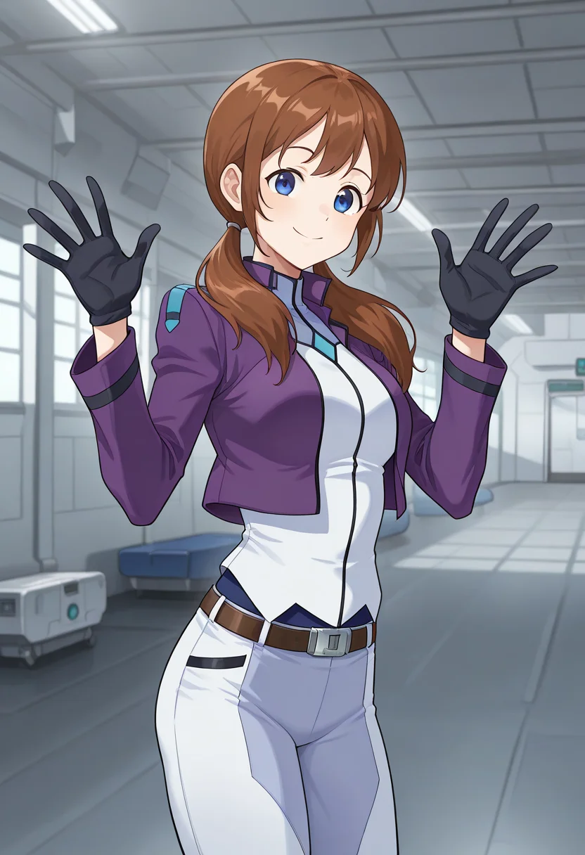 cbuniform, uniform, purple cropped jacket, long sleeves, two-tone shirt, belt, white pants, two-tone pants, black gloves, 1girl, solo, aingbc, brown hair, long hair, low twintails, blue eyes, indoors, futuristic hangar, wink, waving, smile, looking at viewer, standing, cowboy shot,
