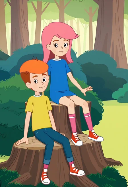 skinny, shorty, undersized, couple,  fyodor, olya, 1boy and 1girl, black eyes, smug smile,  forest, trees, bushes, sitting on tree stump,  bedroom eyes, parted lips,  looking at viewer,
boy in yellow shirt short hair, orange hair, pants, blue pants, t-shirt, rolled jeans, red footwear with white toes, red sneakers, 
girl olya, 1girl, long hair, pink hair, bangs, snub nosed, black eyes, eyelashes, blue minidress, short dress, short sleeves, white collar, thin hands, pink kneesocks, white footwear,