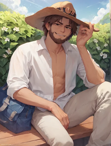 cassidy, male focus, cowboy, sitting, outdoors, looking at you, smug, sunlight BREAK score_9, score_8_up, score_7_up, score_6_up, score_5_up, score_4_up <lora:owmale_12r:1>
