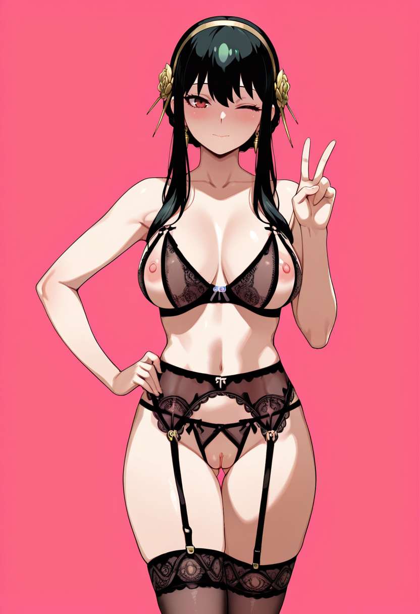 masterpiece,best quality,absurdres, amazing quality, uncensored,
1girl, solo,
standing, hand on own hip, 
looking at viewer, one eye closed, v,
<lora:Open_Lingerie:1> 0p3nl1ng3r13, nipples, thighhighs, garter straps, garter belt, bra,
simple background, pink background,  yor briar,  mature female, medium breasts,