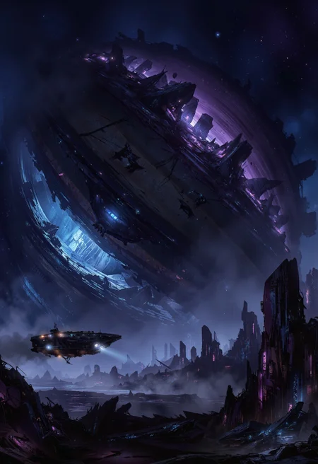 A digital painting in the style of ck-js, depicting a small, rugged prospecting ship navigating through the colossal, shattered remnants of a planet destroyed by an ancient cataclysm. Immense, continent-sized fragments drift silently in space, glowing internally with cold, fractured light (deep blues and eerie violets). The ship's searchlights pierce the cosmic dust, illuminating jagged, crystalline structures within the debris field. The palette features deep space black, the chilling glow of the planetary fragments (blues/violets), and the stark white of the ship's lights. Focus is on navigating immense, dangerous scale and the aftermath of destruction.