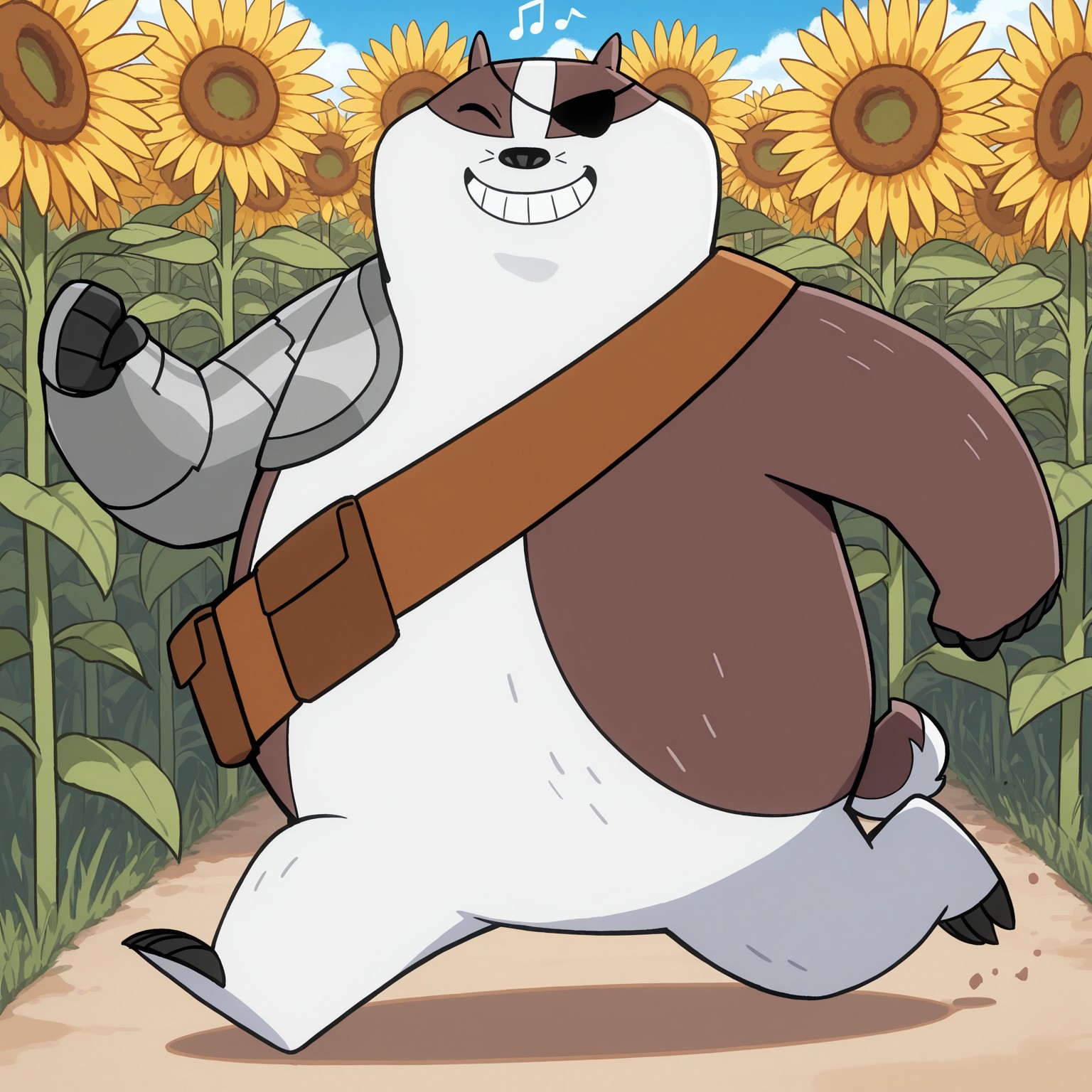 Badgerclops, 2d, solo, 1boy, male, badger, white fur, brown fur, two tone fur, black eyepatch, black nose, closed eye, whiskers, black claws, toe claws, pointed ears, cybernetic right arm, tail, brown bag, 

BREAK running, outside, outdoors, sunflower field, happy, grinning, music note, arms outstretched 

BREAK best quality, amazing quality, very aesthetic, absurdres, newest, masterpiece, high quality, detailed 