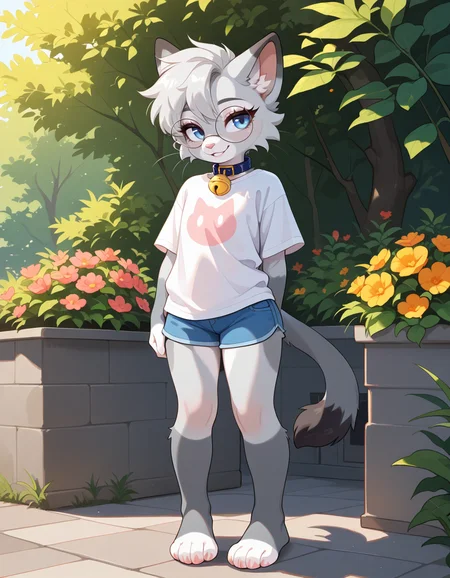 masterpiece, best quality, very aesthetic, absurdres,
outdoors, casual, 
full body, posing, 
seductive smile, parted lips, long eyelashes,
<lora:Nixuelle_v01_NAIXL:1>
Nixue11e,1girl,solo,furry,furry female, cat girl, cat ears, short hair, grey hair, blue eyes, round eyewear, snout, animal nose, collar, neck bell, body fur, two-tone fur, grey fur, white fur, cat tail,