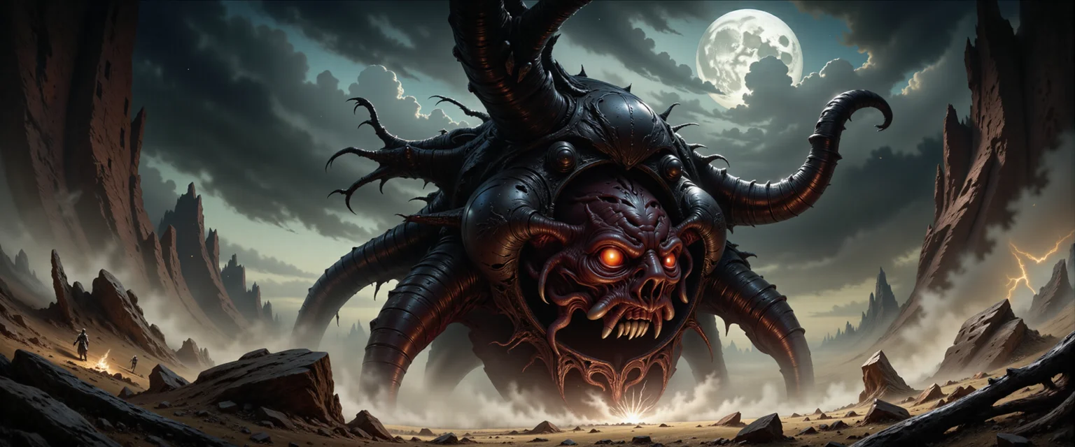 (dramatic scene:1.3), (fractal art:0.6), cinematic film still, dynamic angle, the "dramatic doomwhistler" is a (stealthy and agile hard-shelled organism:1.3) hunting in the (grotesque:1.1) misty steppes of its helviported habitat on "zeplar prime", extremely detailed and intricate background, lrf_style, jeddrkfn, dark fantasy, eerie, <lora:style-luis_royo-flux-by_tiwazm:0.44> <lora:style-dark_fantasy-flux-by_jedas:0.56> <lora:style-fantastic_landscapes-flux-by_artifyai:0.6> <lora:faetastic_details-flux-by_faeia:0.8>