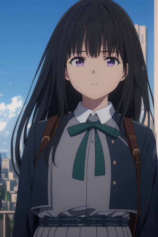 masterpiece, best quality, highres, 4k, 8k, intricate detail, cinematic lighting, amazing quality, amazing shading, soft lighting, Detailed Illustration, anime style,
takinainoue, <lora:takina-inoue-s1-sdxl-lora-nochekaiser:0.75>,
inoue takina, long hair, bangs, black hair, purple eyes,
shirt, long sleeves, dress, ribbon, school uniform, white shirt, collared shirt, belt, neck ribbon, blue dress, green ribbon, pleated dress, grey dress, two-tone dress, blue belt, lycoris uniform,
outdoors, cityscape, crowd, people, sun, sky, clouds,
looking at viewer, cowboy shot,