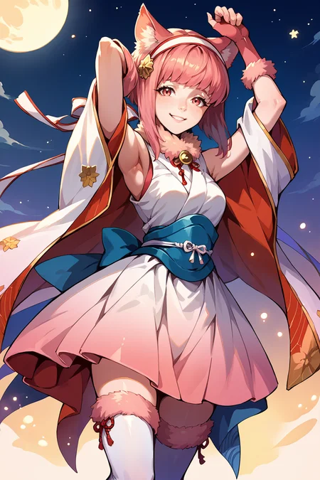 score_9, score_8_up, score_7_up, score_6_up, source_anime, 1girl, solo, <lora:fesakura-pdxl-nvwls-v1-000008:1> halSaku, pink hair, short hair, cat ears, white hairband, fur collar, bell, bare shoulders, blue sash, skirt, gradient clothes, fur trim, fingerless gloves, fur-trimmed thighhighs, cat tail, looking at you, night sky, smile, arms up, moon