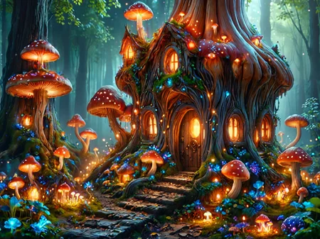 a fairy house surrounded by giant glowing mushrooms, 8k, masterpiece, vivid colors, dramatic lighting <lora:dvr-mthng-sdxl:1> dvr-mthng-sdxl <lora:addMoreDetails:1> Ultra details++ , add more details