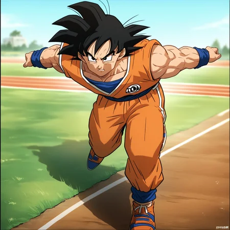 N4RUT0RUNv1, Source_anime, (Dragon Ball Z), ((score_9)),score_8_up,score_7_up,score_6_up,score_5_up,score_4_up, solo, 1boy, (Goku), black hair, source_DBZ, track_suit, running, arms behind back, arms straight, muscular male, intense, dynamic pose, meme, outdoors, wilderness, detailed background, green grass, orange dirt, stones