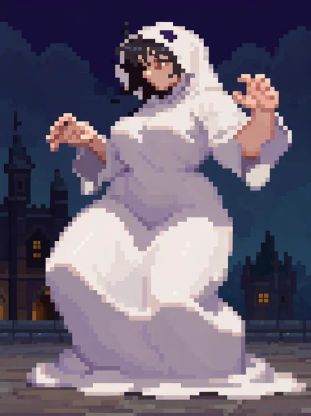1girl, thick thighs, large breast, wide hips, (ghost costume, messy hair, expressionless, hands up, baggy eyes, black hair:1.1),, outdoors, (night, dark castle, ghost around:1.1),
from side, (fighting stance:1.1), open legs, detailed background, dynamic pose, full body, portrait, dynamic pose,
 <lora:ASF3_style:1>,, SF3XL,