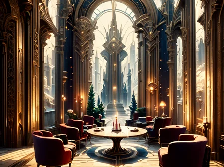 score_9,score_8_up,,score_7_up,,<lora:art_deco_pony:0.8>,source_anime,anime style,
artdecostyle,
, scenery, no humans, , pillar, chair, table, candle, book, architecture, indoors,detail,natural light,detail shadow,