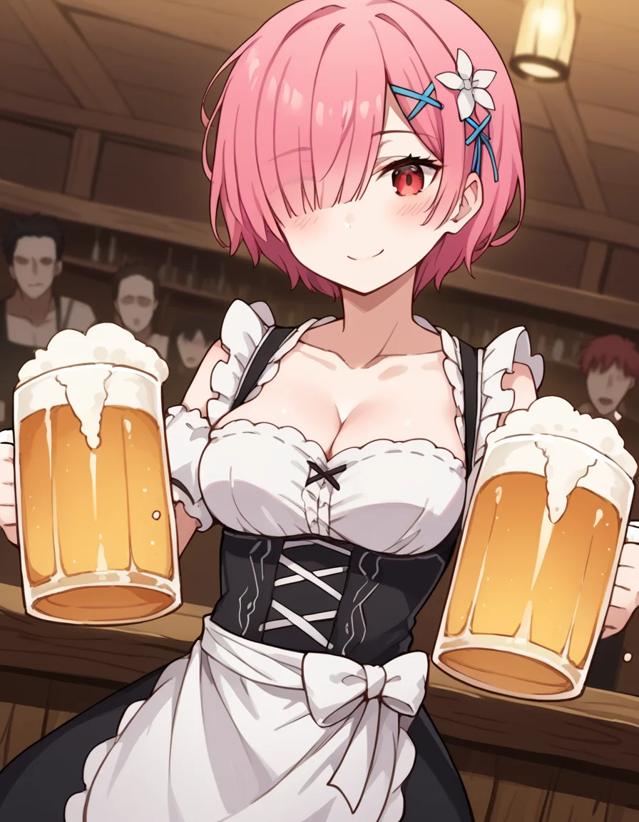 score_9, score_8_up, score_7_up, source_anime, <lora:rezero-ram-s1s2-ponyxl-lora-nochekaiser:1>, ram, hair flower, hair ornament, hair over one eye, pink hair, red eyes, short hair, x hair ornament,, <lora:dirndl-ponyxl-lora-nochekaiser:1>, dirndl, german clothes, beer mug, collarbone, cleavage, beer, underbust, waist apron,, indoors, bar, smile, blush,, , cowboy shot, dutch angle
