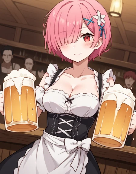 score_9, score_8_up, score_7_up, source_anime, <lora:rezero-ram-s1s2-ponyxl-lora-nochekaiser:1>, ram, hair flower, hair ornament, hair over one eye, pink hair, red eyes, short hair, x hair ornament,, <lora:dirndl-ponyxl-lora-nochekaiser:1>, dirndl, german clothes, beer mug, collarbone, cleavage, beer, underbust, waist apron,, indoors, bar, smile, blush,, , cowboy shot, dutch angle